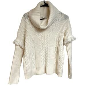 Artisan NY White Wool Blend Tan Knit Cowl Neck Sweater Fringe Boho Artsy Size S